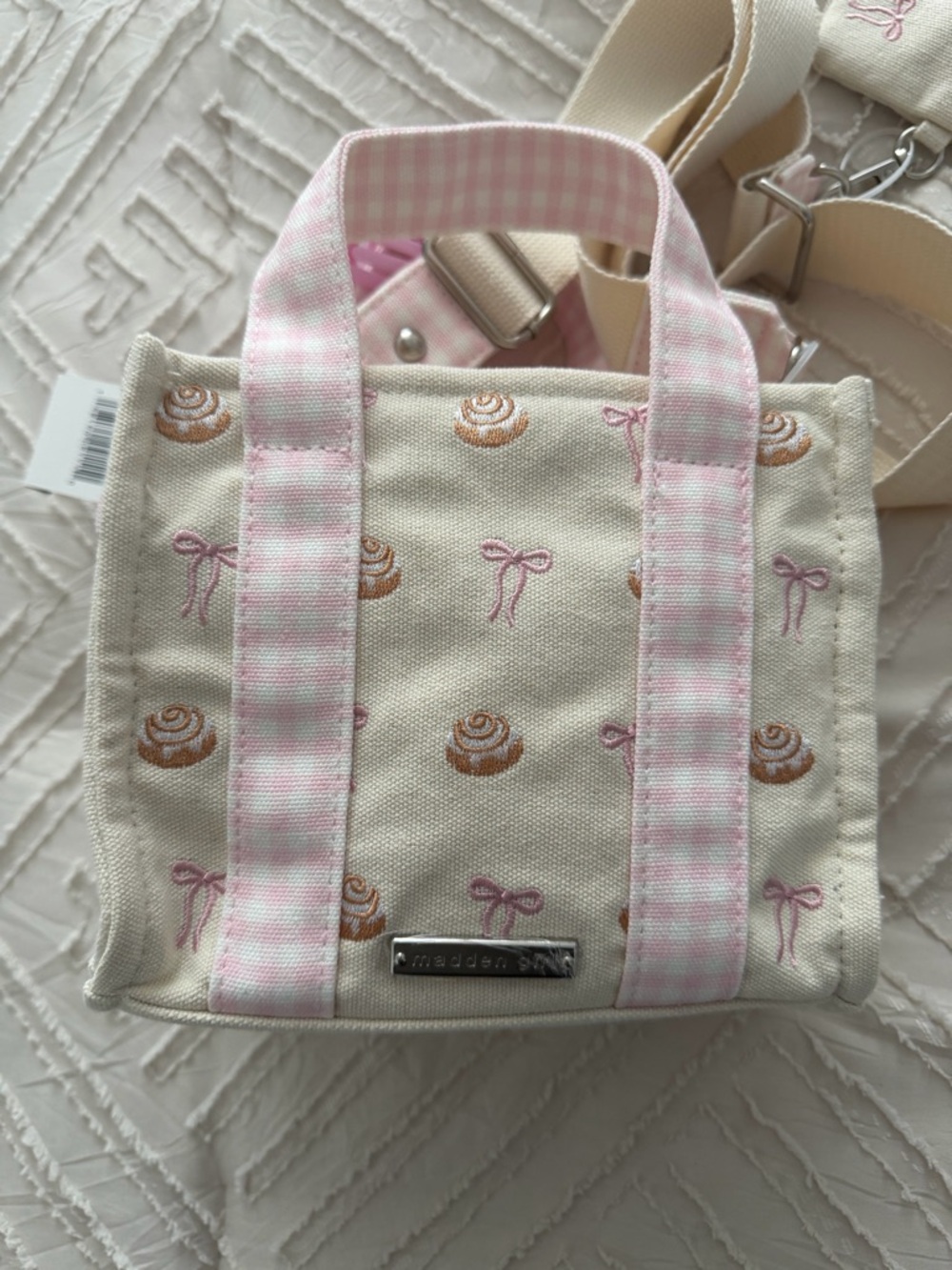 VIRAL Madden Girl embroidered cinnamon rolls & pink bows Canvas Crossbody Bag - Picture 8 of 8